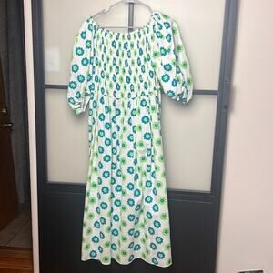 BEULAH White Green Blue Pop Floral Smocked Maxi Dress One Size